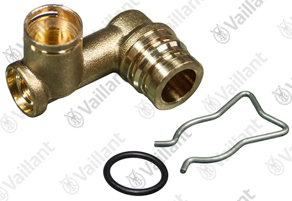 Vaillant Anschlussstück mit zwei Anschlüssen und einer Kehle. Enthalten sind eine O-Ring-Dichtung und ein Halteclip.